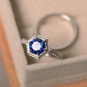 Lab sapphire ring, promise, sterling silver, September birthstone, engagement ring