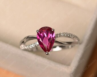 Red ruby ring, July birthstone ring, sterling silver engagement ring, pear cut gemstone ring