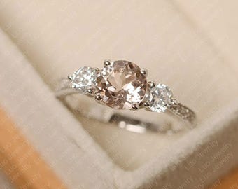 Pink morganite ring, round cut, pink stone ring, white gold, engagement ring for women