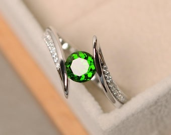 Diopsid Ring, Chromdiopsid, Sterling Silber, Trauring, grüner Edelsteinring