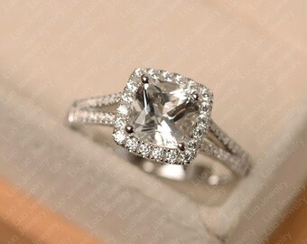White topaz ring, cushion cut, sterling silver halo engagement ring