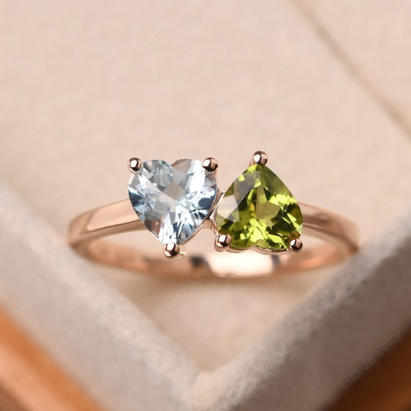 Unique aquamarine and peridot ring,14k rose gold engagement ring,heart shaped 2 stones ring