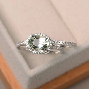 Natural green amethyst ring, wedding ring, oval cut gemstone, green gemstone, sterling silver ring, bridal sets