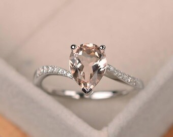 Anillo de compromiso de morganita natural, anillo en forma de pera, anillo de piedras preciosas de plata
