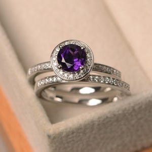 Amethyst engagement ring, purple gemstone, February birthstone ring, sterling silver halo ring, 2 ring set