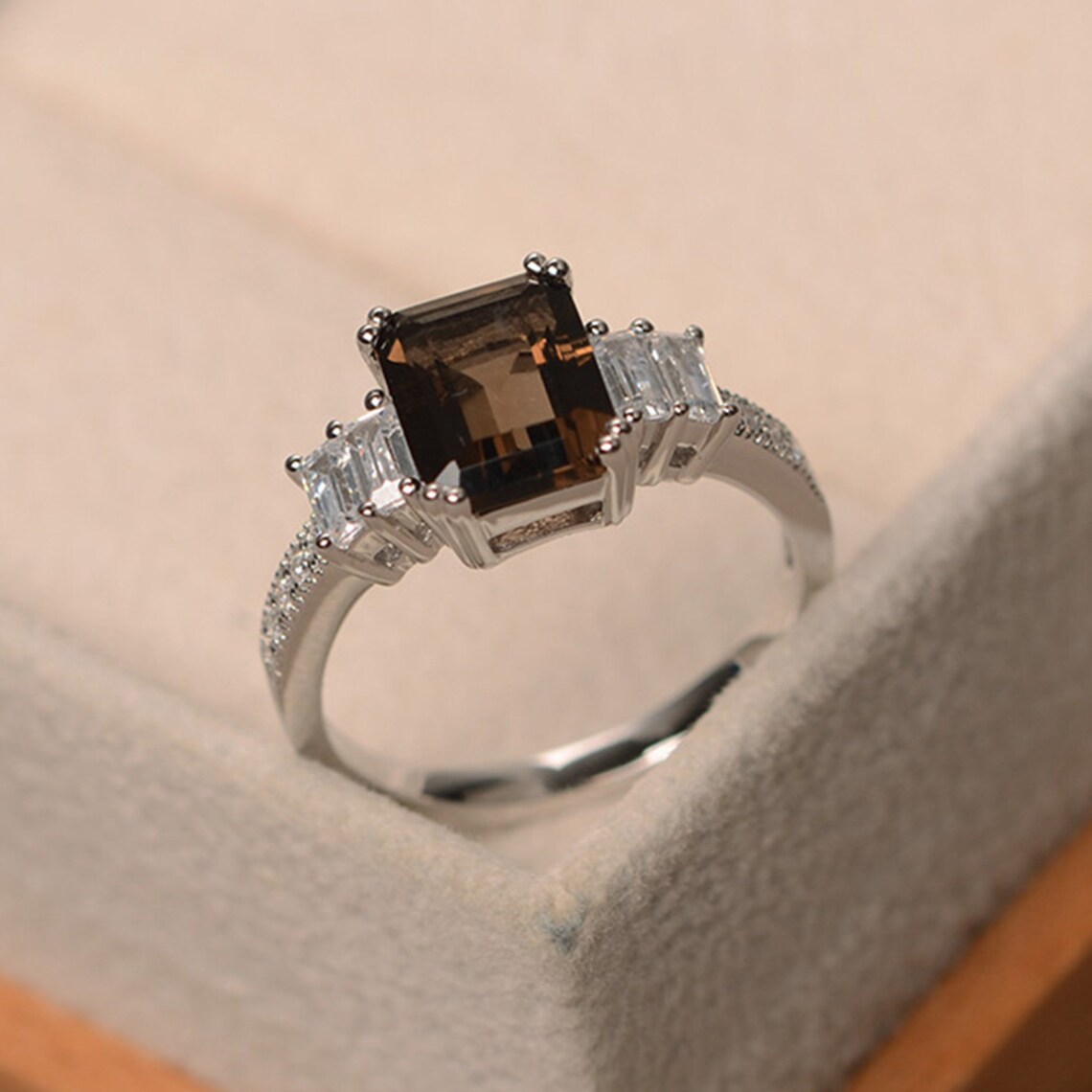Natural Smoky Quartz Ring Emerald Cut Engagement Ring | Etsy