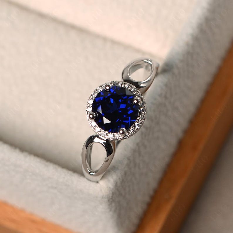Blue sapphire rings, cocktail rings, September birthstone, round cut blue gemstone, silver rings, halo rings image 2