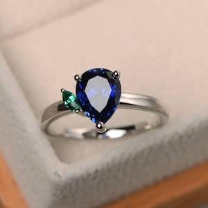 Verlobungsring, blauer Saphirring, September Geburtsstein, Edelstein im Tropfenschliff, blauer Edelstein, Sterling Silber Ring