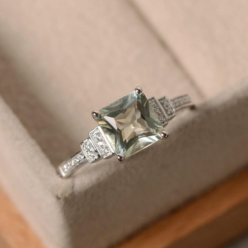 Green amethyst ring, princess cut, engagement ring, silver, green gemstone, promise ring image 3
