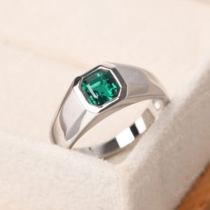 Vintage emerald engagement ring for men, asscher cut wide band silver May birthstone ring