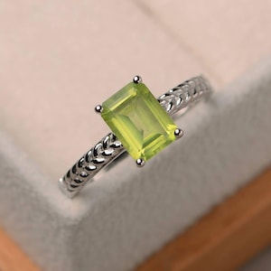 Natural peridot ring, wedding ring, emerald cut green gemstone, August birthstone, sterling silver ring