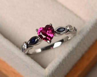 Ruby rings, promise rings, July birthstone rings,heart cut red gemstone, silver rings, lovely rings