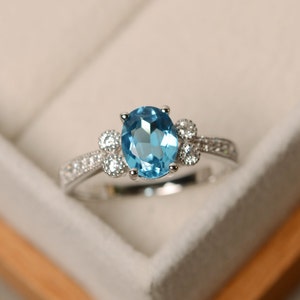 Swiss blue topaz ring, oval cut, engagement ring, sterling silver