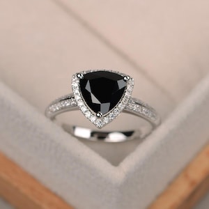 Black spinel ring, trillion cut black rings, gemstone ring black, sterling silver ring