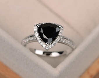 Black spinel ring, trillion cut black rings, gemstone ring black, sterling silver ring