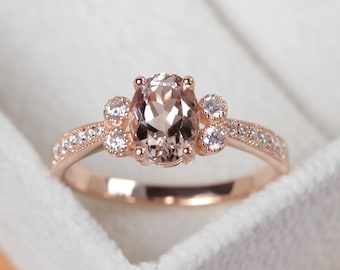 Morganite ring, rose gold, pink morganite engagement ring, oval morganite ring gold