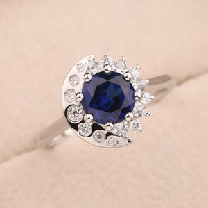 Benutzerdefinierte Saphirring, runder Halo-Verlobungsring, Sterlingsilber, September Geburtsstein