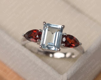 Emerald cut garnet and aquamarine ring, sterling silver, March/January birthstone ring,Mother's day gifts