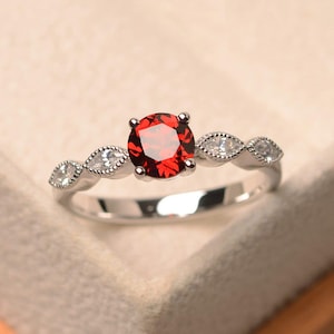 Garnet wedding ring, natural red garnet ring, January birthstone ring, round shape garnet ring, anniversary ring