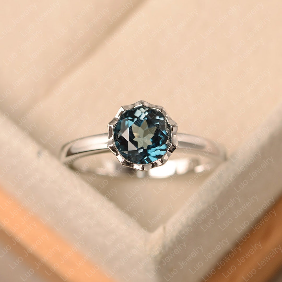 London Blue Topaz Ring, Round Cut Solitaire Ring, Sterling Silver ...