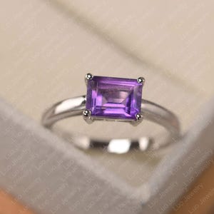 Purple amethyst ring, sterling silver solitaire engagement ring, emerald cut February birthstone ring