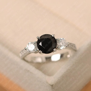 Black spinel ring, sterling silver, engagement ring, round cut, black stone ring