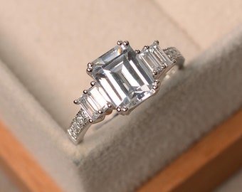 Cubic Zirconia Ring Emerald Cut Engagement Ring Sterling Silver