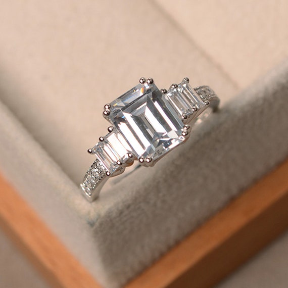 Cubic Zirconia Ring, Emerald Cut, Engagement Ring, Sterling Silver