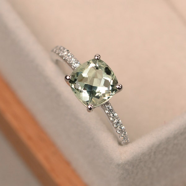 Delicate green amethyst promise ring, cushion cut, sterling silver, anniversary gifts