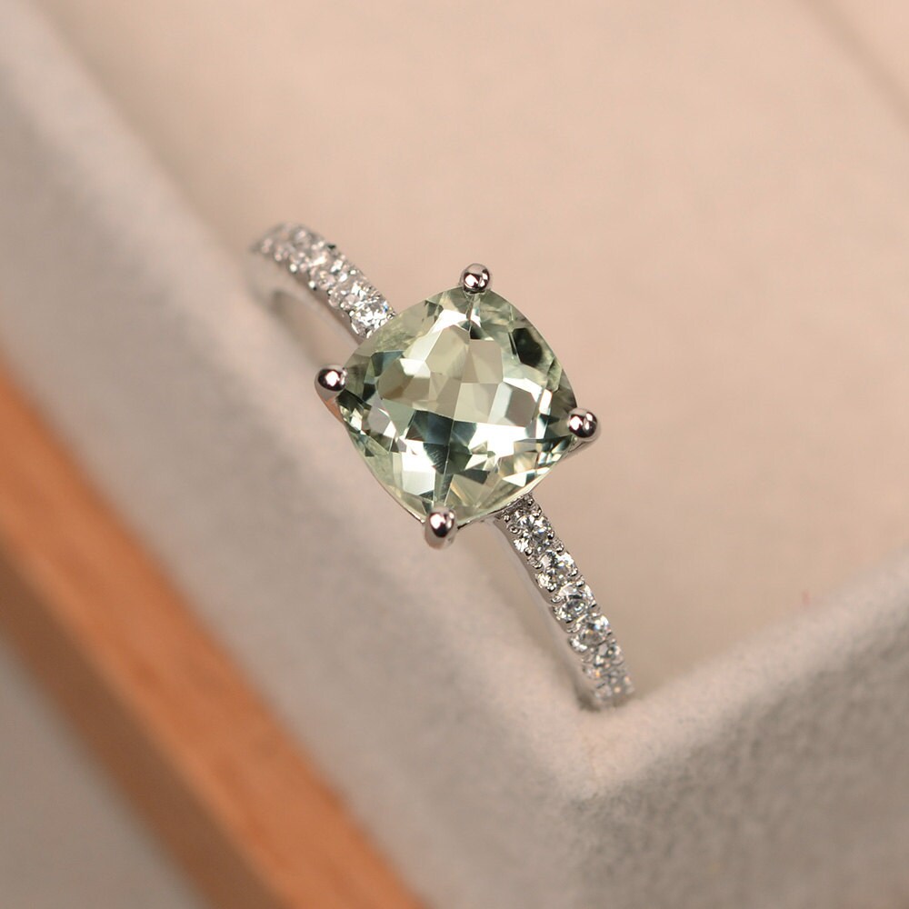 Green amethyst ring cushion cut sterling silver engagement Etsy
