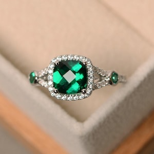 Bague de fiançailles émeraude, émeraude taille coussin, bague de promesse, argent sterling, émeraude image 1