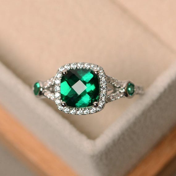 Emerald engagement ring, cushion cut emerald, promise ring, sterling silver, emerald