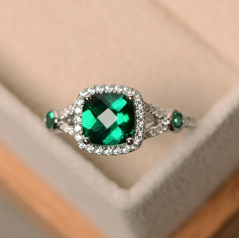 Bague de fiançailles émeraude, émeraude taille coussin, bague de promesse, argent sterling, émeraude image 1