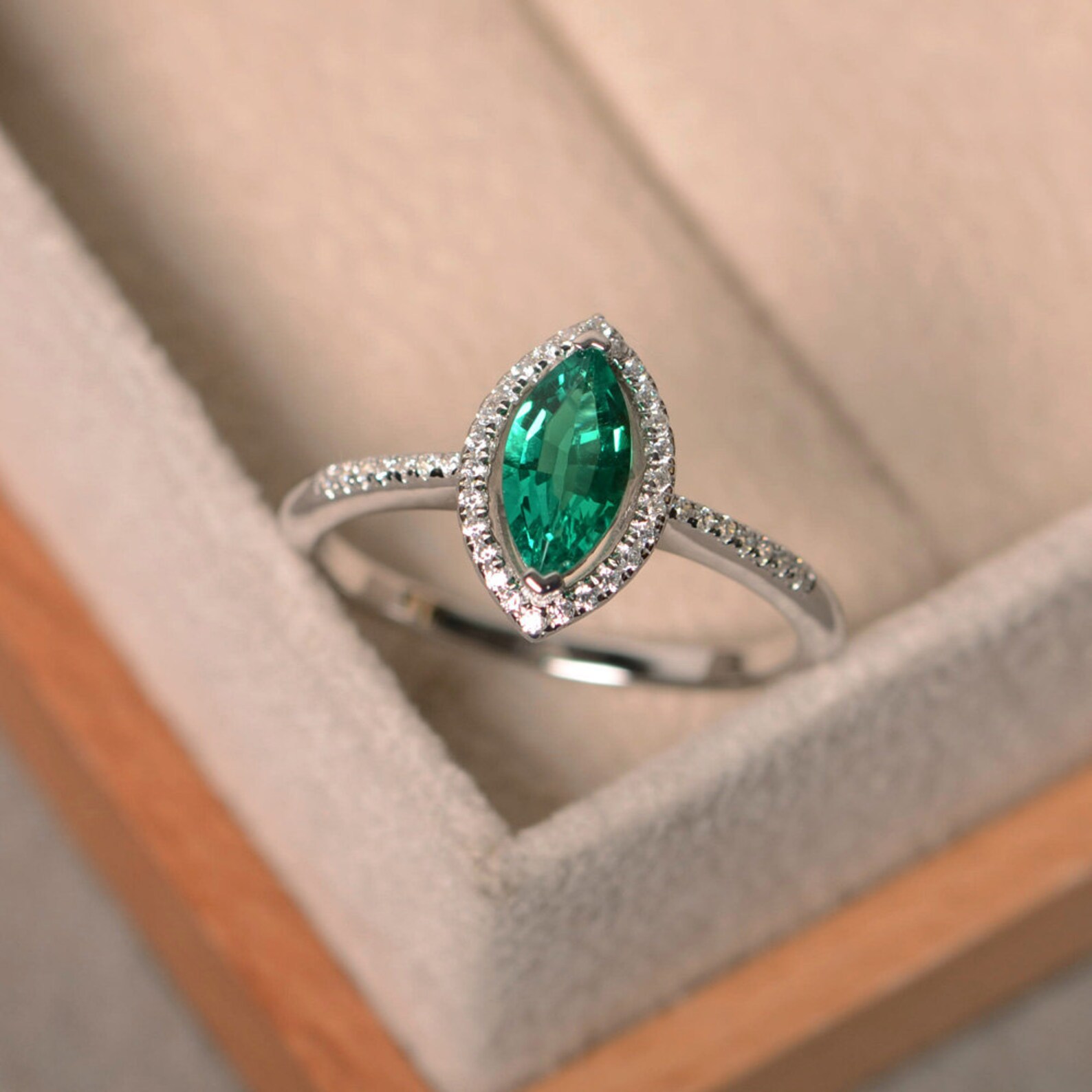 Lab Grown Emerald Ring Sterling Silver Marquise Cut Ring Etsy