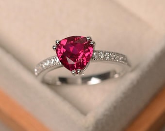 Lab ruby ring, trillion cut red gemstone, July birthstone, engagement ring, sterling silver, promise ring