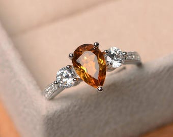 Anello con pietra portafortuna di novembre, anello con citrino naturale, anello con promessa, pietra preziosa taglio a pera, anello con pietra preziosa gialla, anello in argento sterling