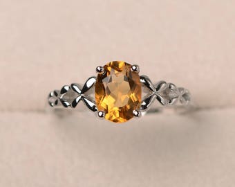 Natural citrine ring, November birthstone ring, solitaire ring, oval cut yellow gemstone, sterling silver ring