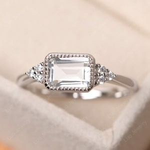White topaz milgrain engagement ring, bezel setting, sterling silver, November birthstone ring