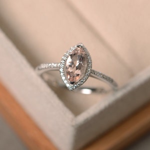 Marquise cut morganite ring, sterling silver, pink gemstone promise ring, marquise engagement ring