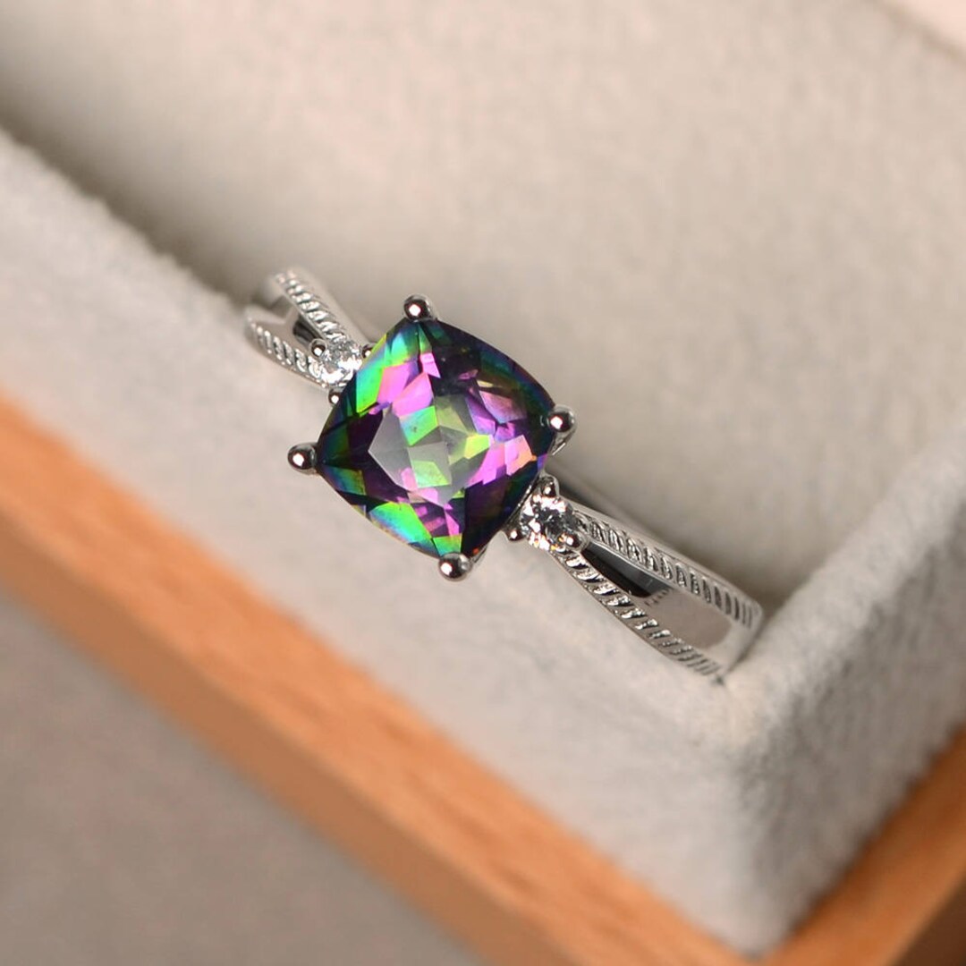Mystic Topaz Rings, Cushion Cut Wedding Ring, Rainbow Topaz, Sterling ...