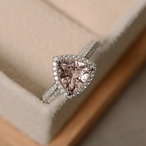 Morganite engagement ring, morganite ring, sterling silver, trillion cut ring