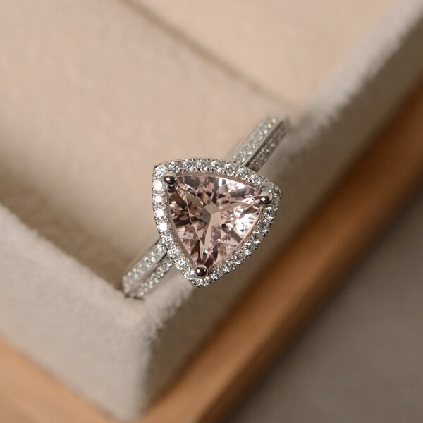 Morganite engagement ring, morganite ring, sterling silver, trillion cut ring