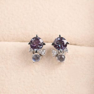 Dainty alexandrite and moonstone earrings,sterling silver stud earrings,June birthstone earrings