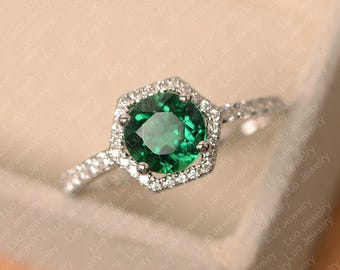 Green emerald ring, May birthstone, sterling silver, Hexagon Halo Engagement Ring
