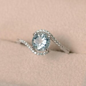 Aquamarine ring white gold, wedding ring, round cut aquamarine image 4