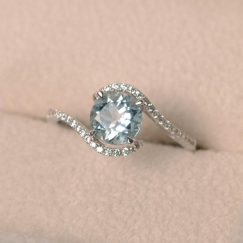 Aquamarine ring white gold, wedding ring, round cut aquamarine image 4