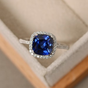 Sapphire ring, cushion cut engagement ring, solid whitle gold , halo ring, September birthstone, gifts for women