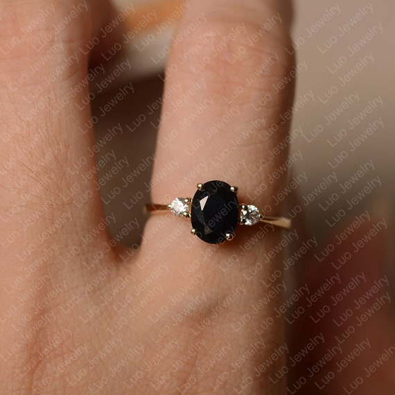 Black spinel ring, oval cut, black stone ring, solid yellow gold, unique wedding ring for women
