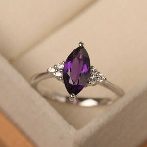 Real amethyst wedding ring, marquise cut 5x10 mm, Antique Art Deco ring, February birthstone