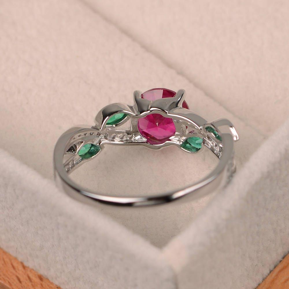 Ruby Ring, Leaf Ring, Round Ruby Engagement Ring, Sterling Silver Ring ...